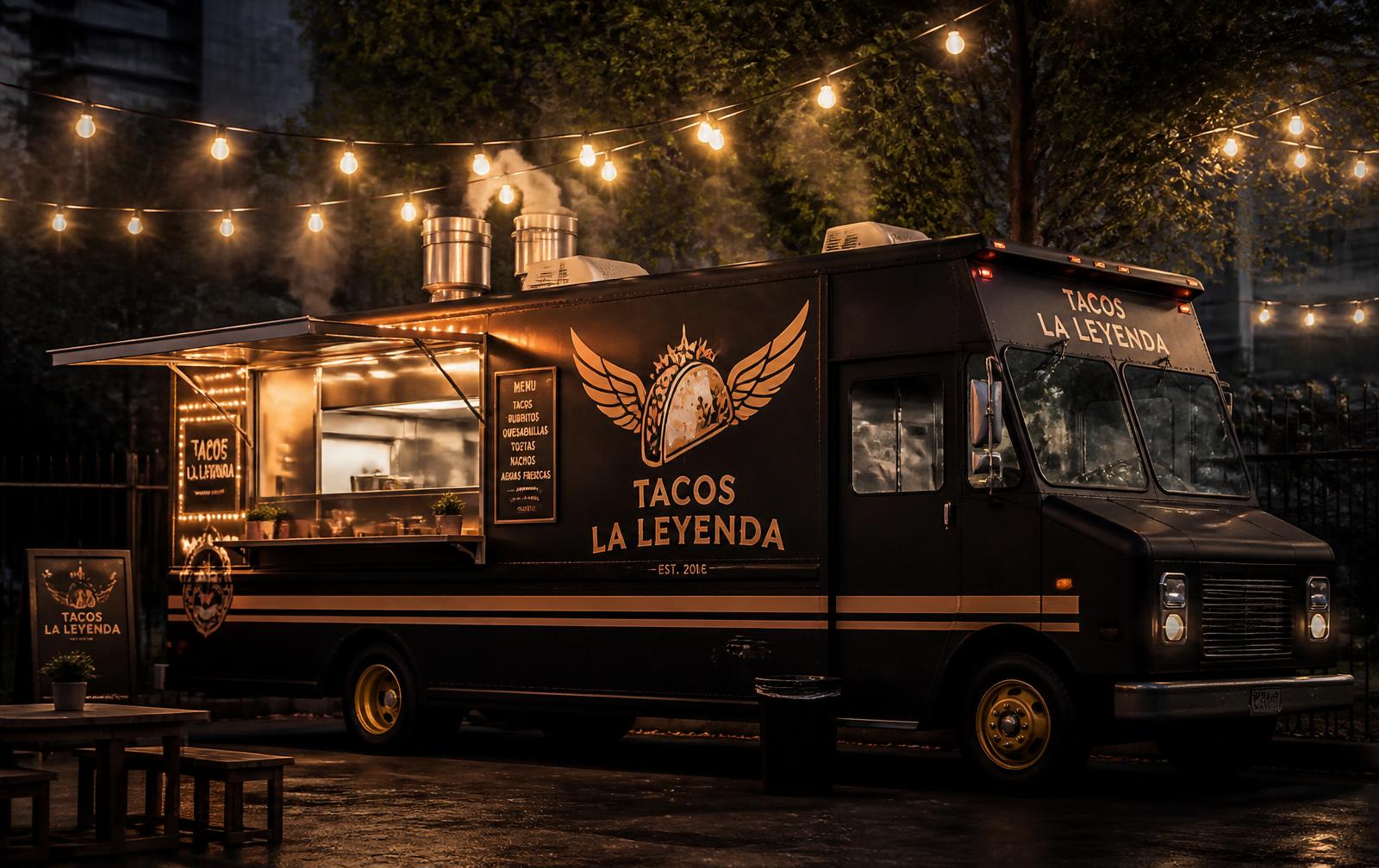 Flying Tacos matte black food truck parked under string lights